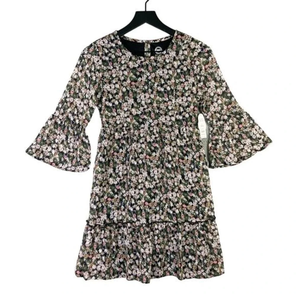 Girls Floral Dress‎ Size L Bell Sleeve Mini Multicolor Ruffle Casual Spring